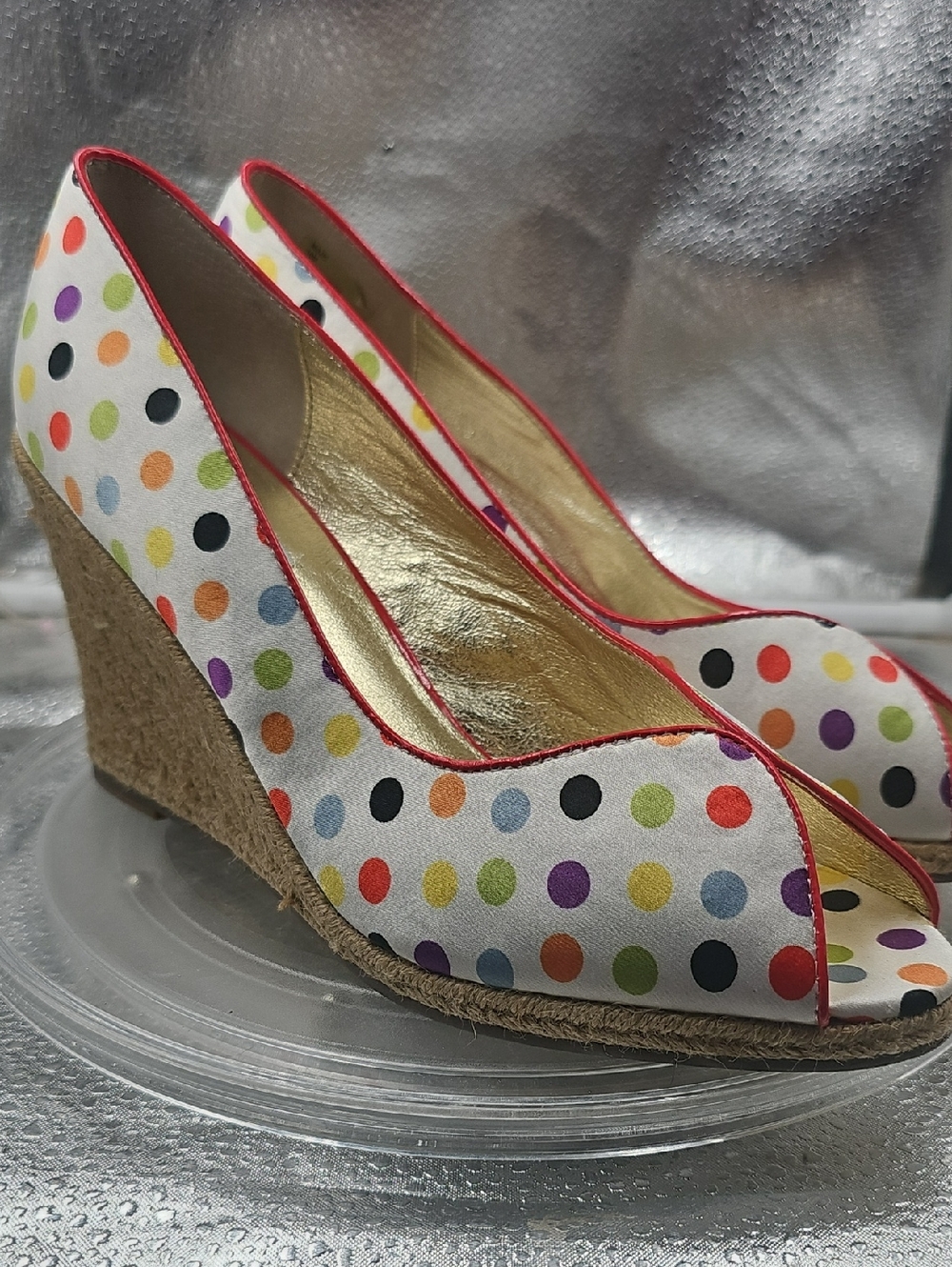 O Rainbow Polk A Dot 3.5 Inch Wedge Heels Sz 10M.